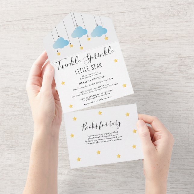 Twinkle Sprinkle Blue Clouds Gold Star Baby Shower All In One Invitation (Tearaway)