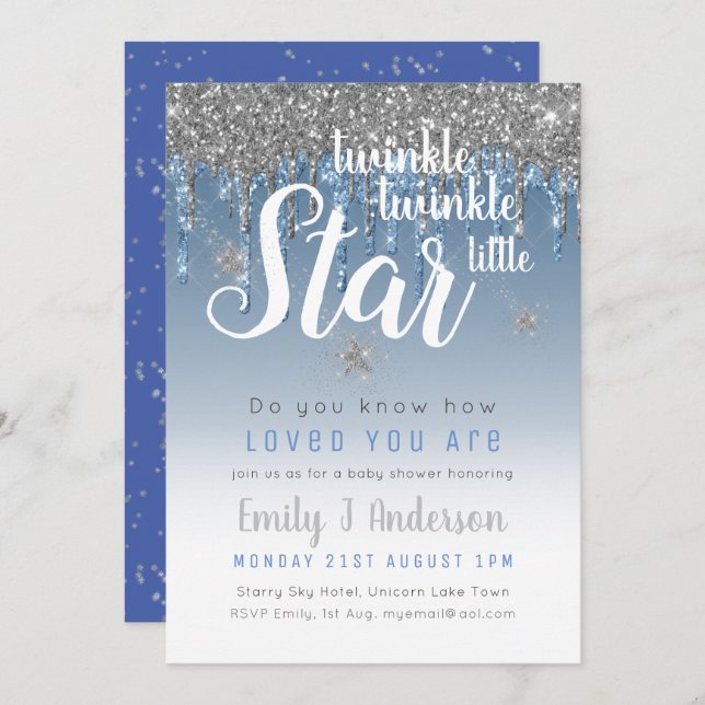 Twinkle Star Blue Silver Drip Glitter Baby BOY Invitation (Front/Back)