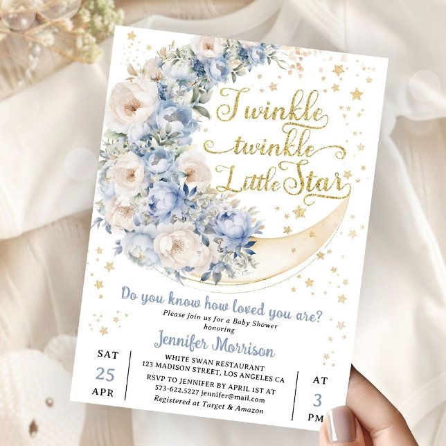 Twinkle Star Moon Baby Shower Boy Blue Invitation (Creator Uploaded)