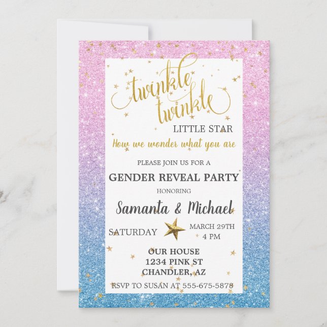 Twinkle Star Ombre Glitter Gender Reveal Party Invitation (Front)