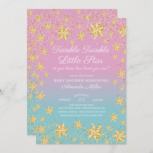 Twinkle Star Pink & Blue Baby Shower Invitation (Front/Back)