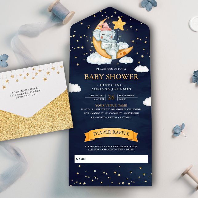 Twinkle Stars Moon Elephant Navy Blue Baby Shower All In One Invitation (Creator Uploaded)