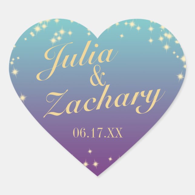 Twinkle Stars Ombre' Teal Purple Wedding Heart Sticker (Front)