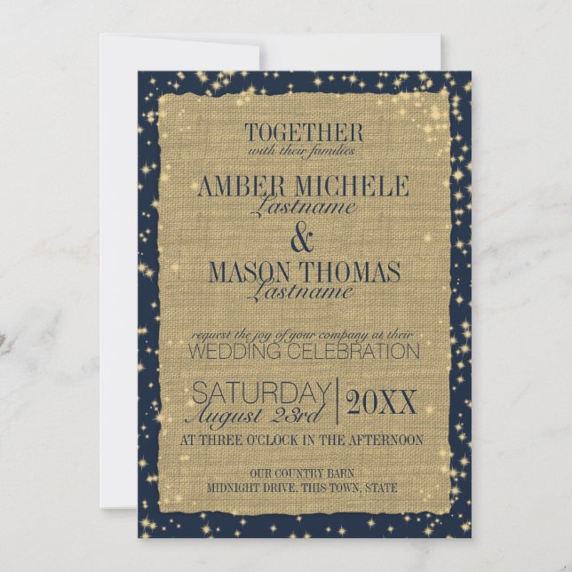 Twinkle Stars Rustic Burlap Wedding Invitation (Front)