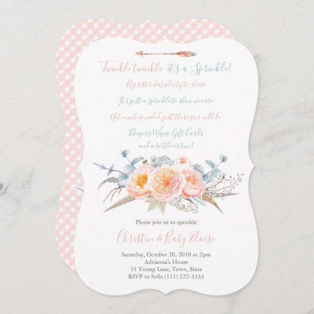 Twinkle Twinkle Baby Sprinkle Poem Peach Grey Invitation (Front/Back)