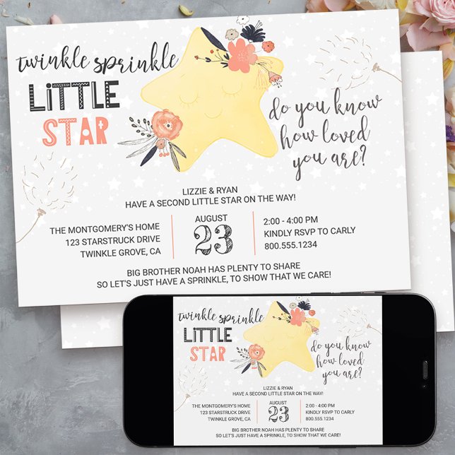 Twinkle Twinkle Floral Star Baby Sprinkle Invitation (twinkle twinkle little star baby sprinkle invitation - message me to create additional templates)