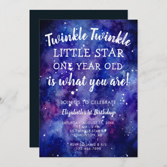 Twinkle Twinkle Little Star 1st Birthday Galaxy In Invitation (Front/Back)