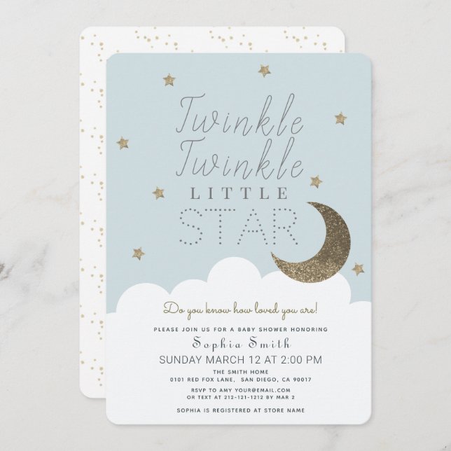 Twinkle Twinkle Little Star Baby Blue Baby Shower Invitation (Front/Back)