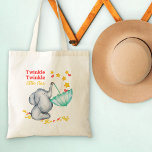 Twinkle Twinkle Little Star Baby Elephant Tote Bag<br><div class="desc">Baby Elephant Tote Bag with cute design and complementary saying "Twinkle Twinkle Little Star". The design features a baby elephant balancing an umbrella on his trunk and catching falling stars and love hearts. A sweet little design - perfect as a child's book bag or as a baby diaper bag for...</div>