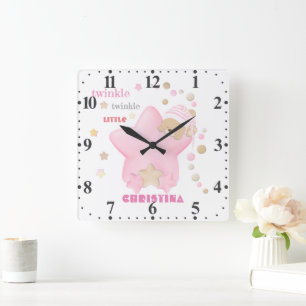 Twinkle Twinkle Little Star Baby Girl Teddy Bear Square Wall Clock