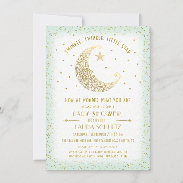 Twinkle Twinkle Little Star Baby Shower Gold/Mint Invitation (Front)