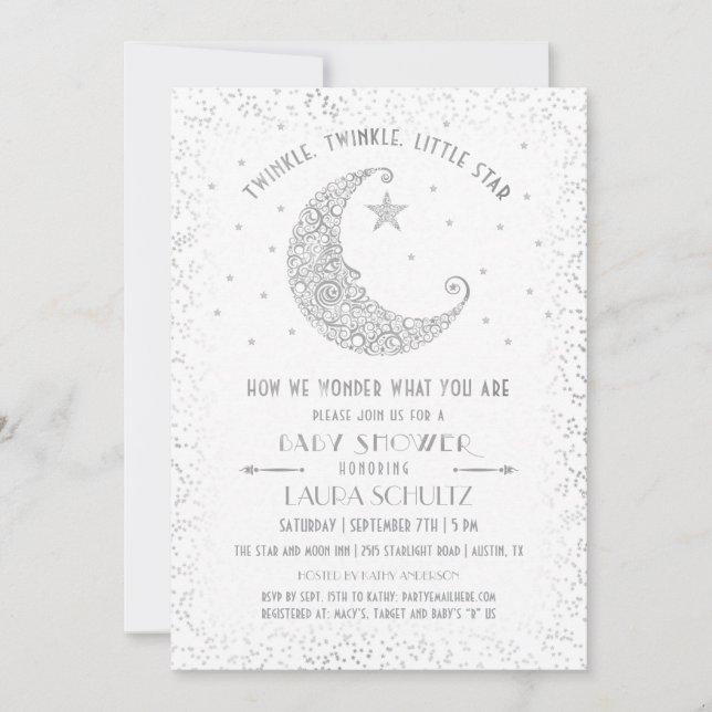 Twinkle Twinkle Little Star Baby Shower Silver Invitation (Front)