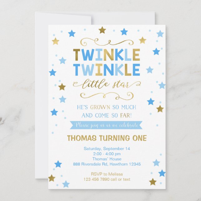 Twinkle Twinkle Little Star Birthday Invite, Boy Invitation (Front)