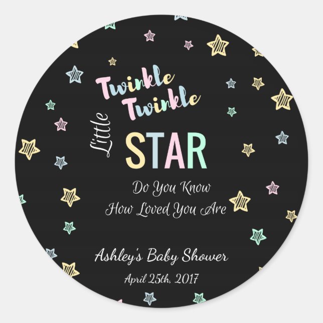 Twinkle Twinkle Little Star - Black, Gender Reveal Classic Round Sticker (Front)
