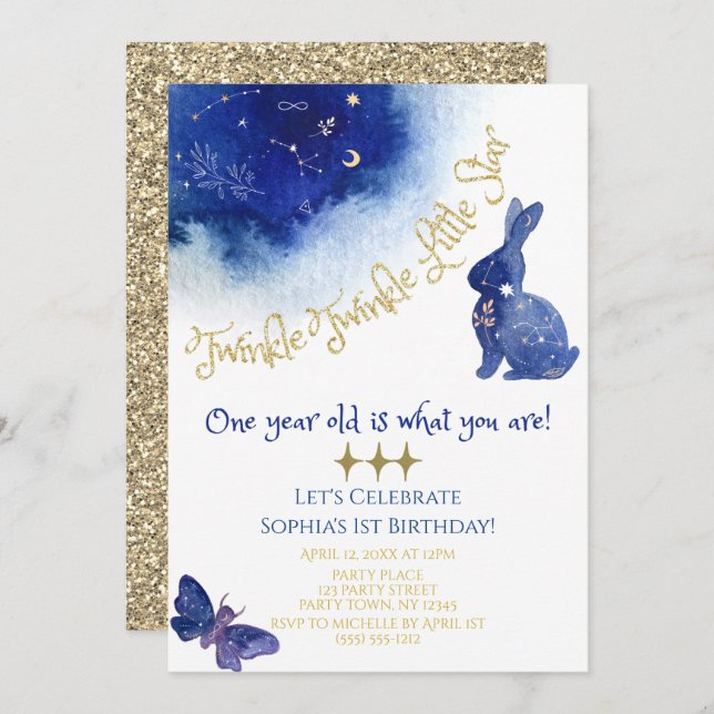 Twinkle Twinkle Little Star Blue Gold Watercolor Invitation (Front/Back)