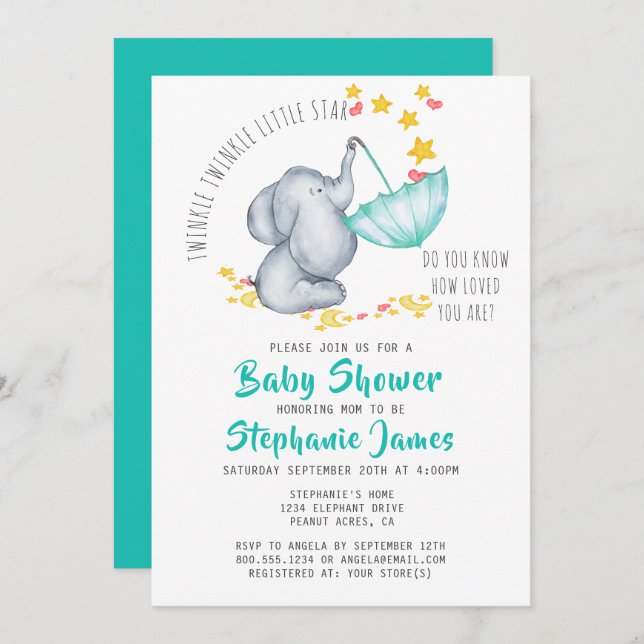 Twinkle Twinkle Little Star Elephant Baby Shower Invitation (Front/Back)