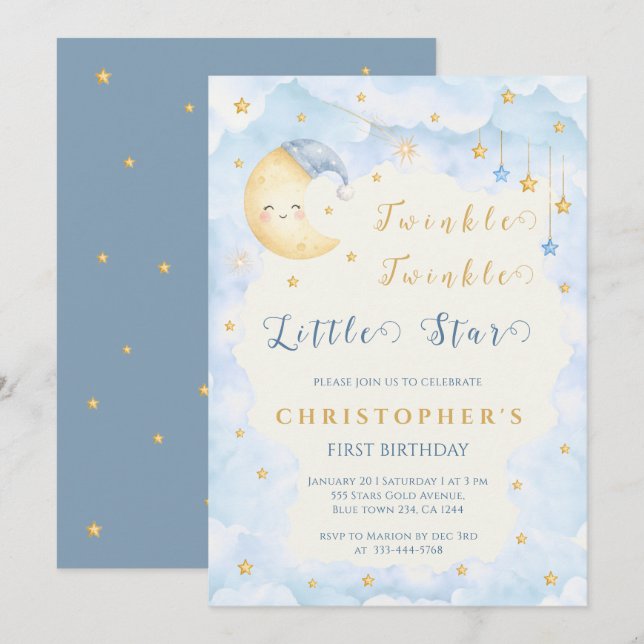 Twinkle Twinkle Little Star First Birthday Blue Invitation (Front/Back)