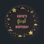 Twinkle Twinkle Little Star First Birthday Pink Paper Plate<br><div class="desc">This cute and elegant twinkle twinkle little star" first birthday paper plate features black background with faux gold and pink glitter stars and clouds.</div>
