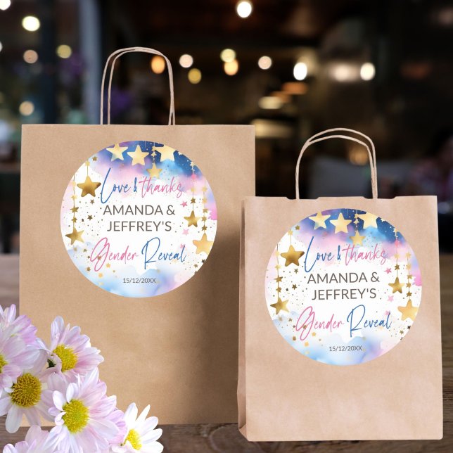 Twinkle twinkle little star gender reveal favour classic round sticker (Twinkle twinkle little star gender reveal favor stickers pink and blue gold stars thank you stickers)