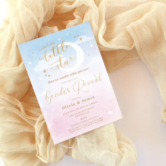 Twinkle Twinkle Little Star Gender Reveal Invitation (5x7 Little Star blue and pink gender reveal invitation displayed on pale yellow flowy fabric)
