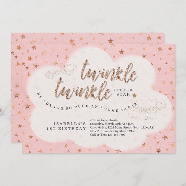 Twinkle Twinkle Little Star Girls First Birthday Invitation (Front/Back)