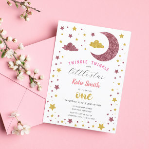 Twinkle Twinkle Little Star Glitter First Birthday Invitation
