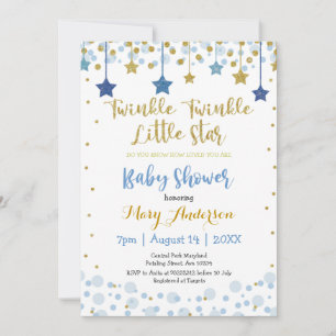 Twinkle Twinkle Little Star Gold Blue Sparkle Baby Invitation