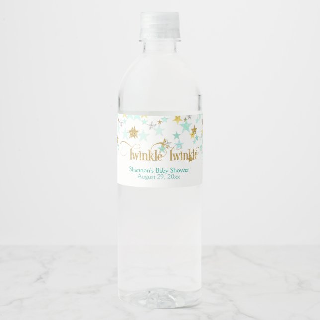 Twinkle Twinkle Little Star Mint Green & Gold Water Bottle Label (Front)