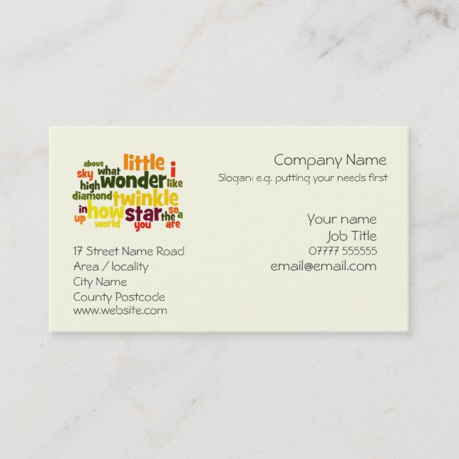 Twinkle, Twinkle Little Star nursery care Business Card (Front)