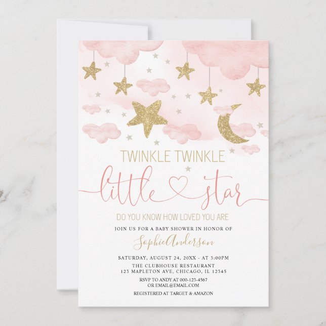  Twinkle Twinkle Little Star Pink Gold Baby Shower Invitation (Front)