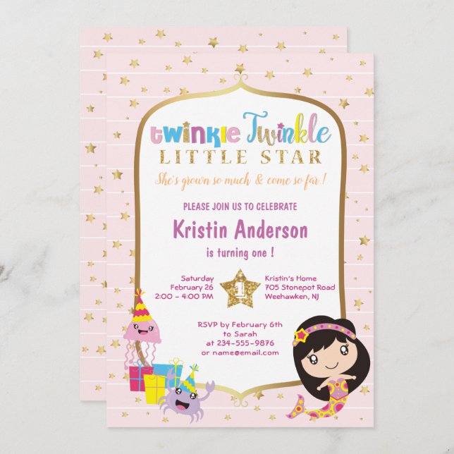 Twinkle Twinkle Little Star Pink Mermaid Birthday Invitation (Front/Back)