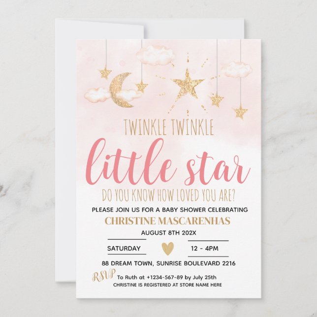 Twinkle Twinkle Little Star Pink Shower Invitation (Front)