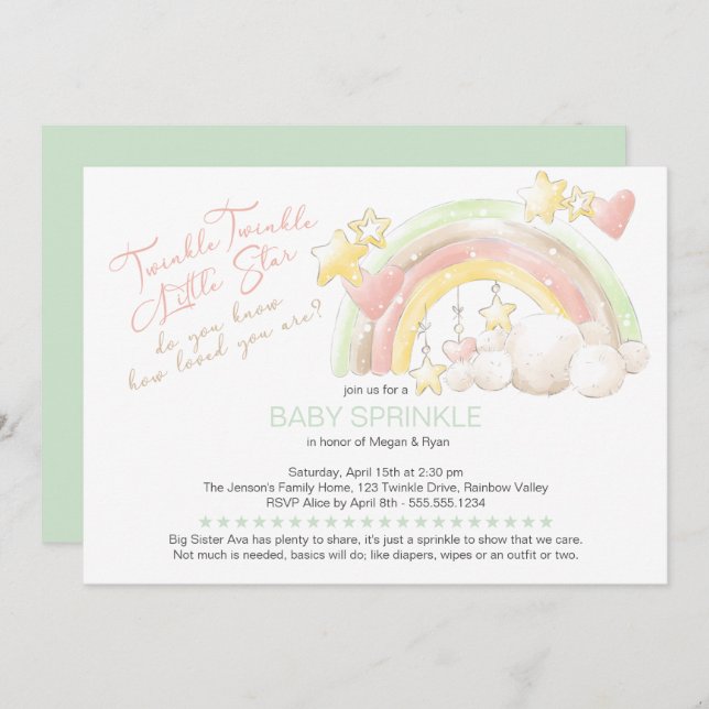 Twinkle Twinkle Little Star Rainbow Baby Sprinkle Invitation (Front/Back)