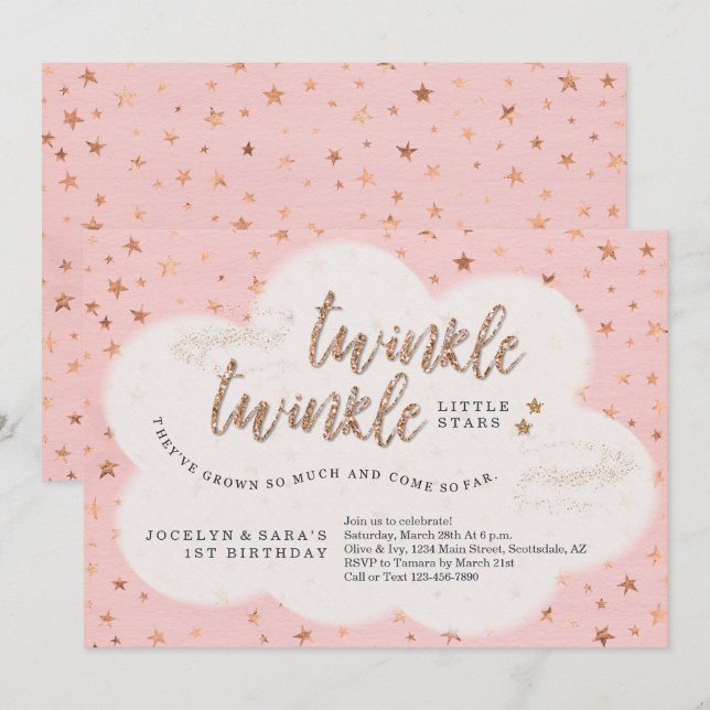 Twinkle Twinkle Little Star Twin Girl 1st Birthday Invitation (Front/Back)