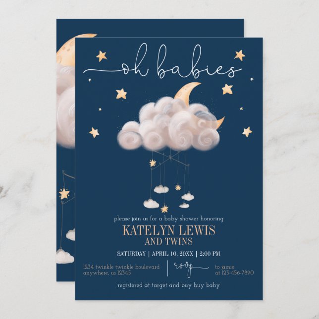 Twinkle Twinkle Little Star Twins Baby Shower Invitation (Front/Back)