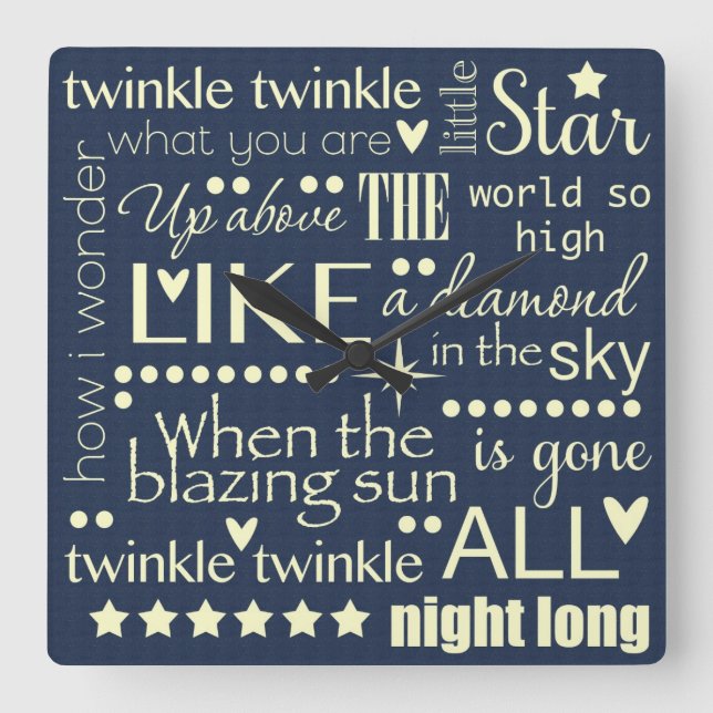 Twinkle Twinkle Little Star Word Art Text Design Square Wall Clock (Front)