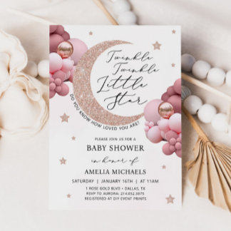 TWINKLE TWINKLE Pink Moon And Stars Baby Shower Invitation