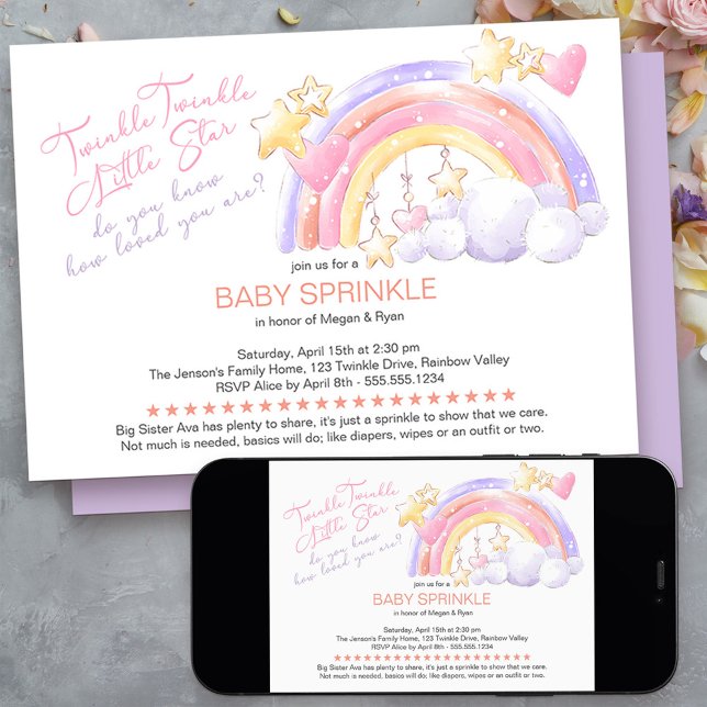 Twinkle Twinkle Pretty Rainbow Baby Sprinkle Invitation (twinkle twinkle little star baby sprinkle invitation - message me to create additional templates)