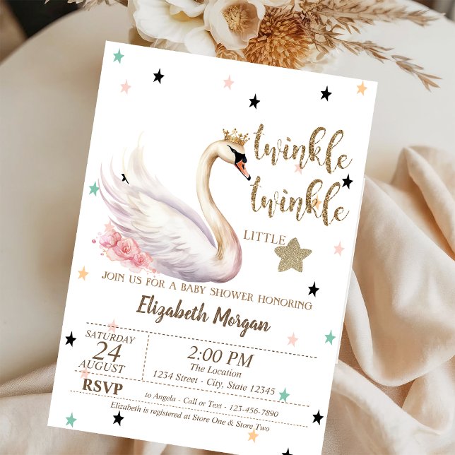 Twinkle Twinkle,Swan Flowers Baby Shower Invitation (Creator Uploaded)