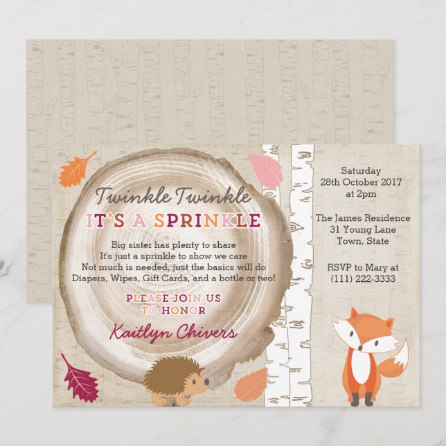 Twinkle Twinkle Woodland Baby Sprinkle for Girl Invitation (Front/Back)
