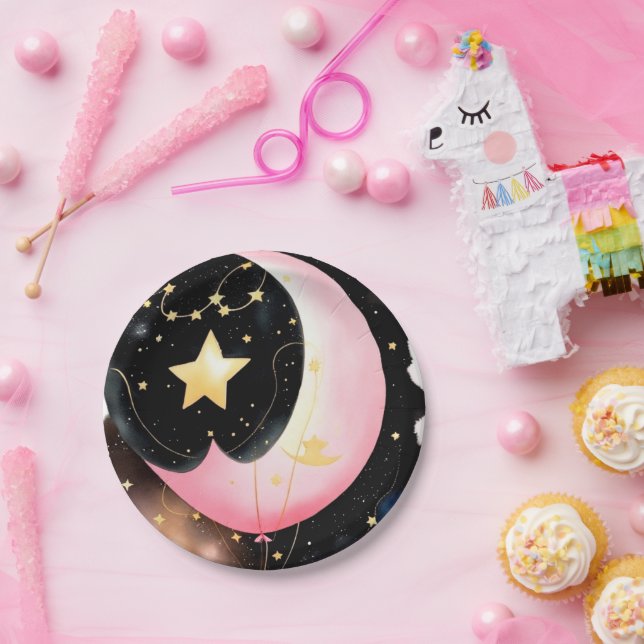 Twinkling Celestial: Moon & Stars Girl Baby Shower Paper Plate (Party)