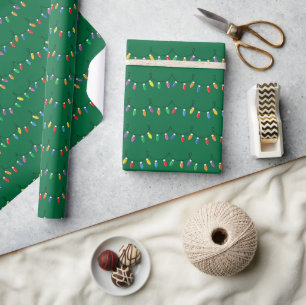 Twinkling Christmas Lights on Dark Green Seamless Wrapping Paper