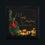 Twinkling Gold Lights Modern Merry Christmas Party Gift Box<br><div class="desc">This gorgeous Merry Christmas gift box features modern gold handwritten script over twinkling lights next to a festive Christmas tree that is decorated with red and green ornaments. Customise your elegant holiday presents with personalised script over the black night sky.</div>
