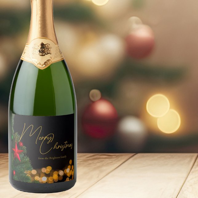 Twinkling Gold Lights Modern Merry Christmas Party Sparkling Wine Label (Creator Uploaded)