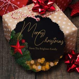 Twinkling Gold Lights Modern Merry Christmas Tree Decoration Card