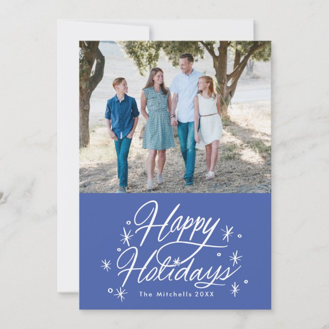 Twinkling Hand Lettered Happy Holidays Photo Blue Holiday Card (Front)