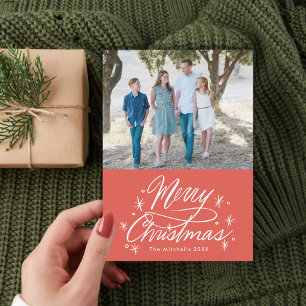Twinkling Hand Lettered Merry Christmas Photo Red Holiday Card
