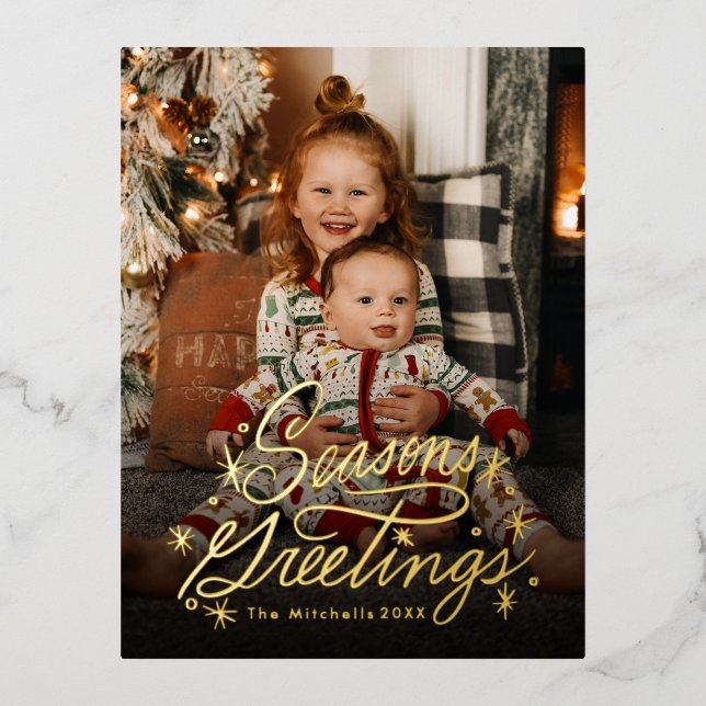 Twinkling Hand Lettered Seasons Greetings Photo Foil Holiday Postcard (Front)