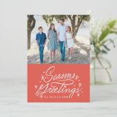 Twinkling Hand Lettered Seasons Greetings Photo Holiday Card (Standing Front)