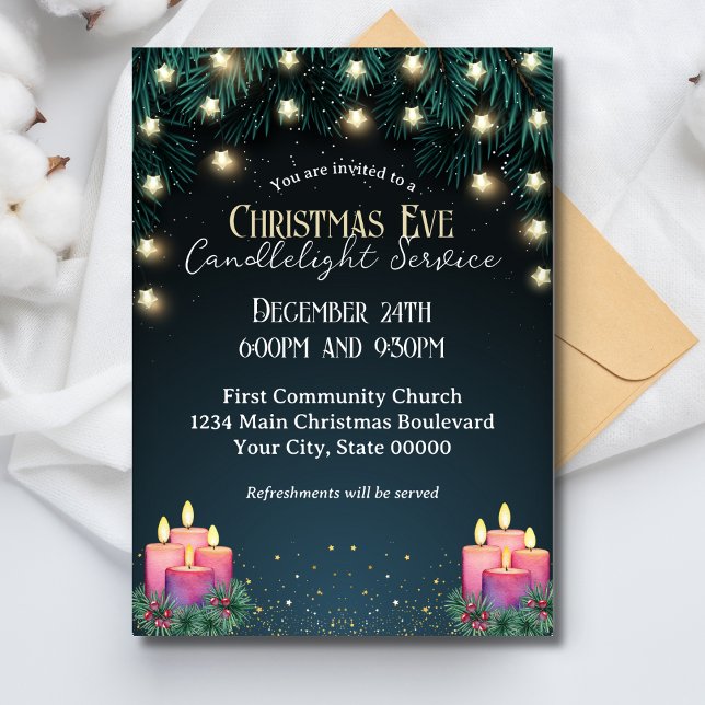 Twinkling Lights Christmas Eve Candlelight Service Invitation (Creator Uploaded)
